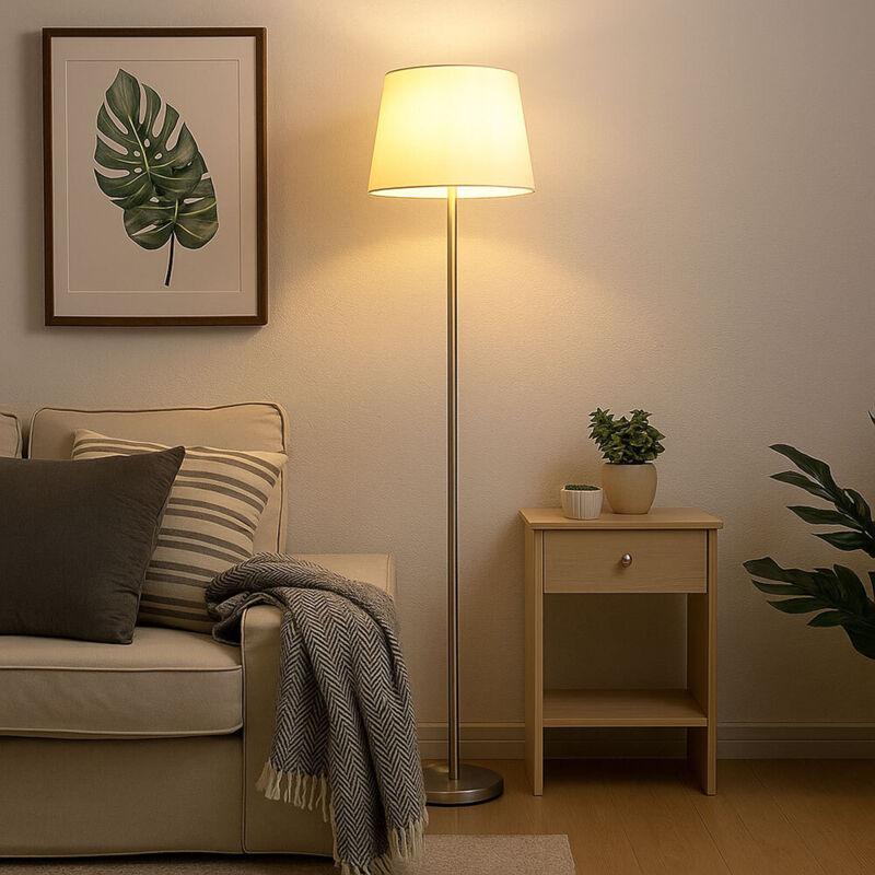 Lampadaire textile blanc Lampe sur pied argentée Lampe de salon debout, métal, douille E27, DxH 35x151 cm Lampadaire textile blanc Lampe sur pied argentée Lampe de salon debout, métal, douille E27, DxH 35x151 cm