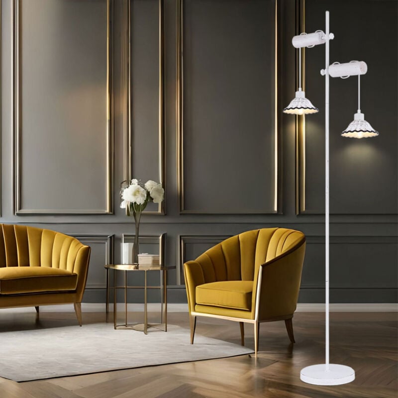 Lampadaire lampadaire lampe de salon lampe de chambre lampadaire, métal blanc bois céramique, 2 ampoules E27, h 168 cm