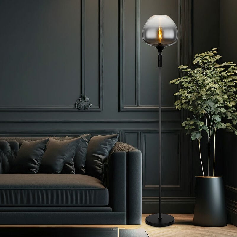 Lampadaire, lampadaire, lampe d'appoint, lampadaire, lampe de salon, métal noir, verre fumé, 1x douille E27, DxH 29x165cm