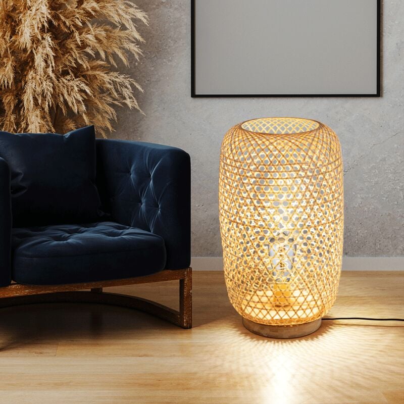 Led Lampadaire Lampe d'appoint en bois Lampe d'appoint en bois, bambou naturel Interrupteur Bohostil, 1x E27 filament led blanc chaud, DxH 31x55cm