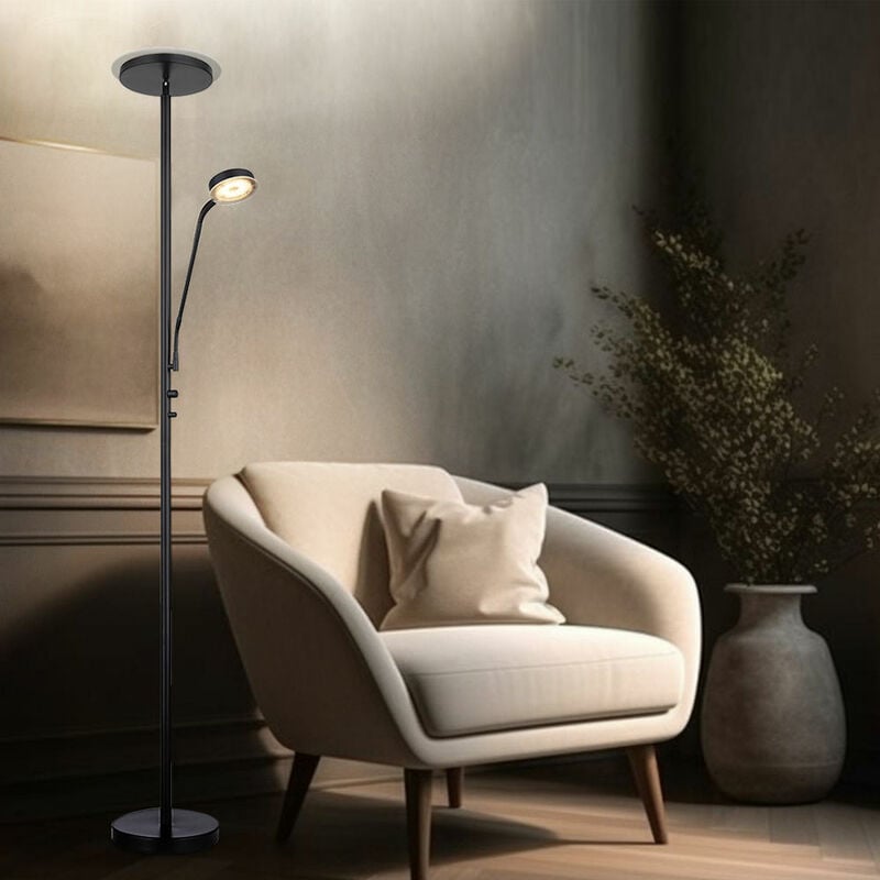 Lampadaire lampadaire led uplighter Flexo lampadaire de salon variateur avec liseuse, métal noir, 1x led 18W 1410 lm blanc chaud, h 180 cm