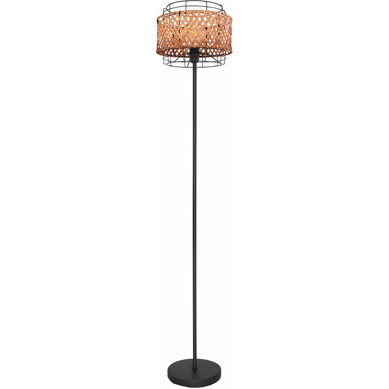 lampadaire lampadaire metal bambou noir lampe laterale chambre avec interrupteur a pied, grille bois rond, 1x e27, dxh 30x151 cm