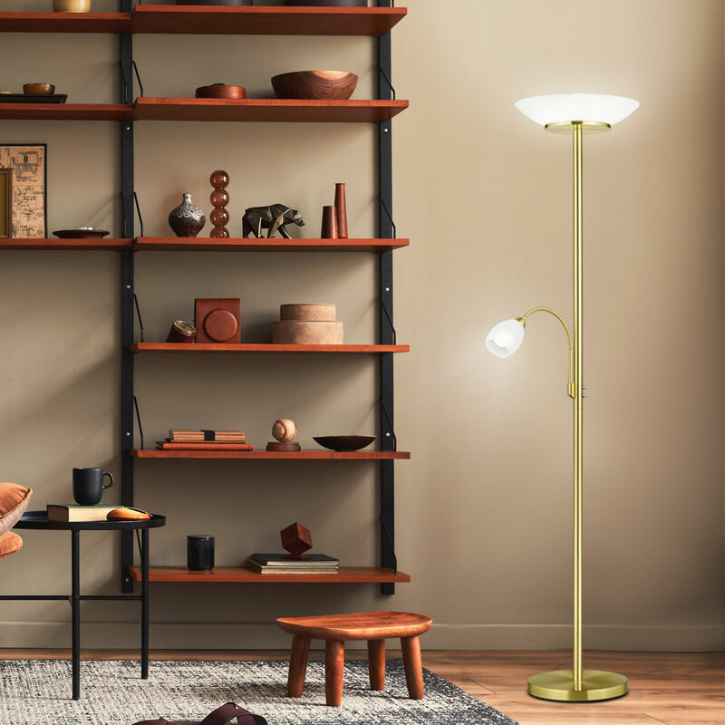 Lampadaire lampadaire lampe de salon plafonnier projecteur métal couleurs laiton avec spot de lecture flexible, commutable séparément, abat-jour en