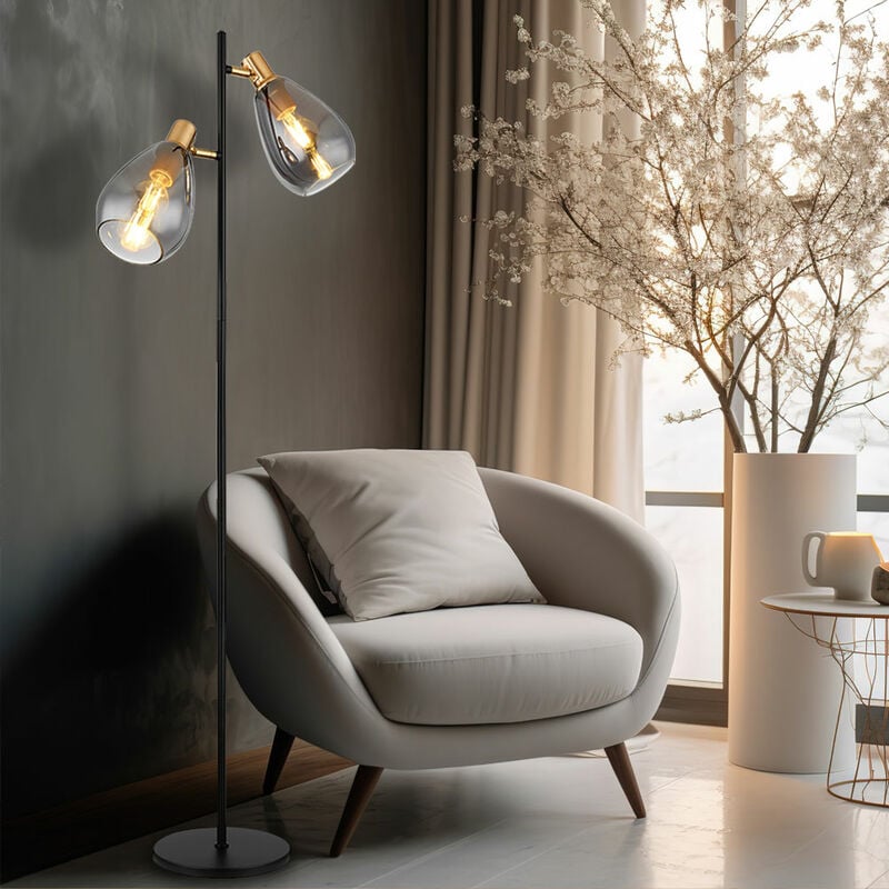 Lampadaire lampadaire verre fumé salon verre lampadaire rétro noir, métal laiton, 2x douilles E27, LxlxH 34x25x160 cm