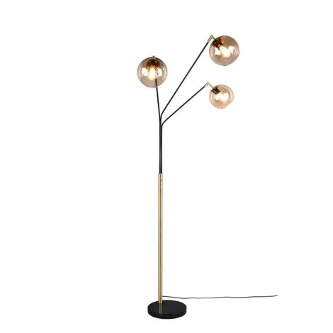 Lampadaire, lampe de bureau, noir-or E27, boule en verre, H 200 cm
