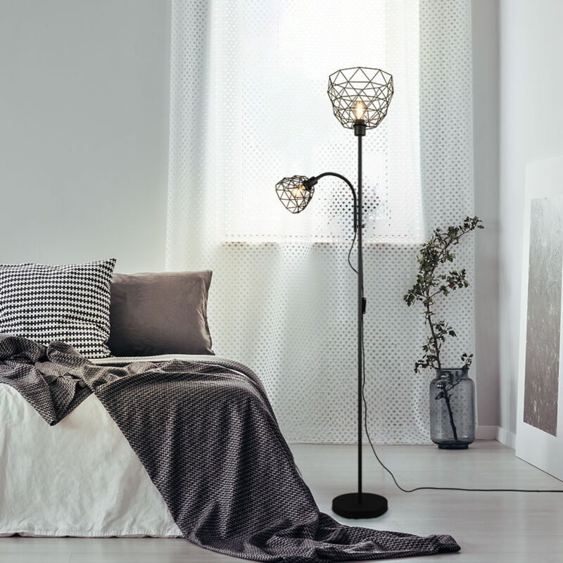 Lampadaire Lampe de lecture flexible Industrial Plafonnier Lampadaire 2 flammes, grille design, métal noir, mat, 1x E27, 1x E14, DxH 27 x 180 cm