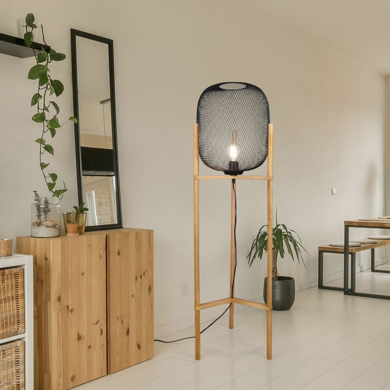 Lampadaire lampe de salon en bois lampadaire sur pied en bois cage, métal, 1x douille E27, DxH 38x122 cm