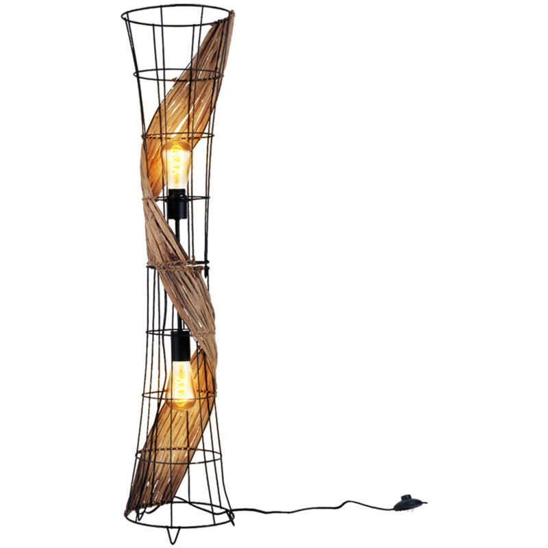 Lampadaire, lampe de salon, lampe de chambre, lampadaire, lampe d'appoint, métal, noir, bois, tissage d'herbe, 2 ampoules, E27, H 110 cm