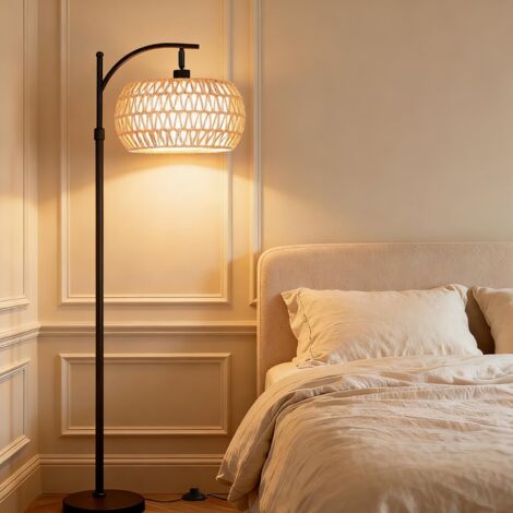 Lampadaire LED à intensité variable, culot E27, lampadaire en rotin, lampe de chevet, lampe de lecture, luminaire décoratif