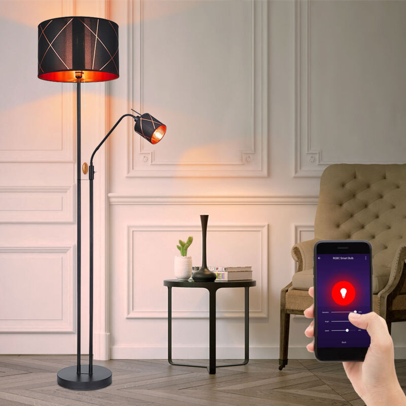 Lampadaire led avec lampe de lecture plafonnier dimmable, changement de couleur rvb intelligent, métal textile noir or, liseuse flexible, 1x 8,5W Lampadaire led avec lampe de lecture plafonnier dimmable, changement de couleur rvb intelligent, métal textile noir or, liseuse flexible, 1x 8,5W