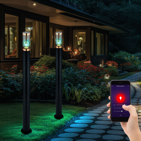 Lampadaire LED, borne lumineuse, éclairage de chemin, dimmable, lampes de jardin, noir, contrôle par application, cuivre en acier inoxydable, 10W 806Lm, DxH 12,7x110cm, lot de 2