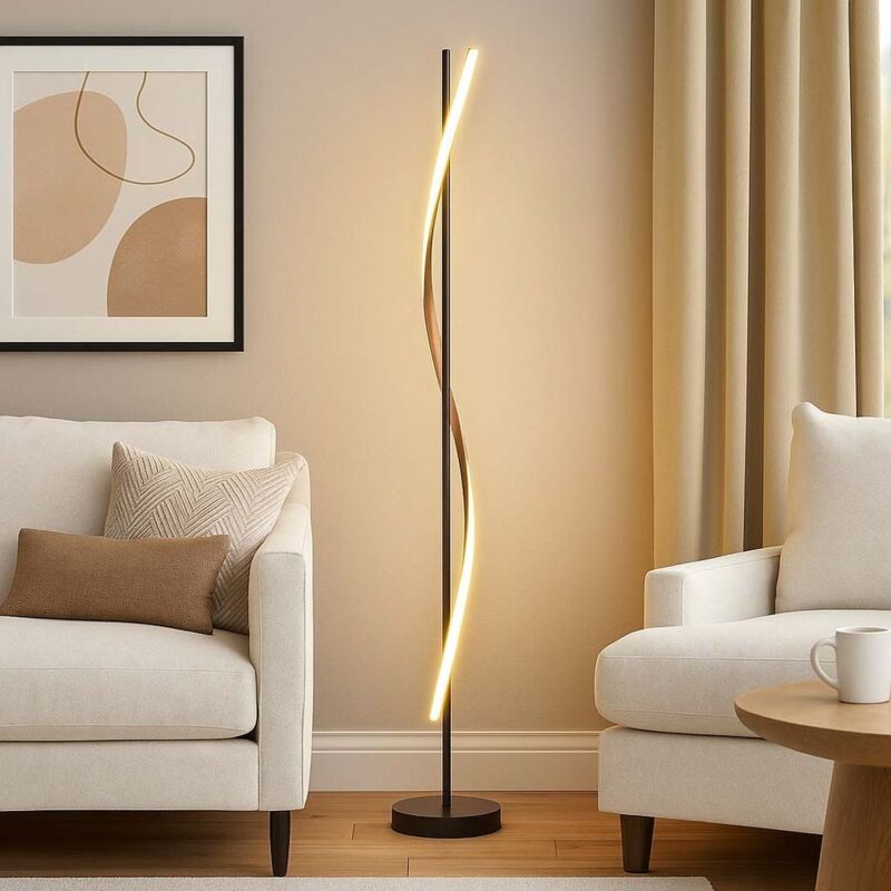 Lampadaire LED, lampe de salon, métal, noir, aspect bois, H 150,7 cm Lampadaire LED, lampe de salon, métal, noir, aspect bois, H 150,7 cm