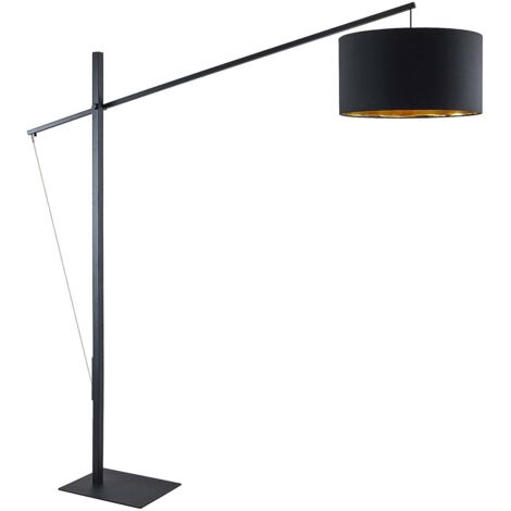 Lampadaire liseuse en métal noir 200 cm – Abat-jour évasé en textile doré – Interrupteur à pied pour ambiance chaleureuse – Arcchio