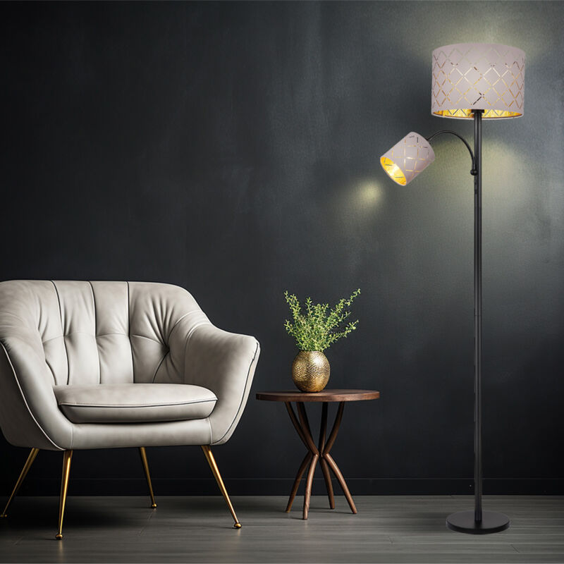 Lampadaire moderne Lampe de salon à 2 flammes Lampadaire noir, abat-jour textile led métal gris, 2x led 8/4W 806/400lm 3000K blanc chaud, DxH 35x162cm