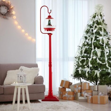Lampadaire Musical de Noël de 173 cm avec Lanterne à Boule de Neige Activée Par Le Son Arbre Rotatif Père Noël Cerf Bonhomme de Neige Rouge