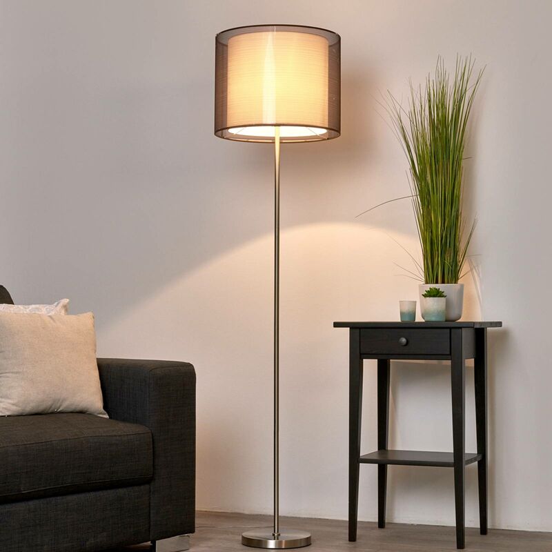 Lampadaire Tissu 'Nica' en textile pour salon & salle à manger - brun, blanc, nickel mat