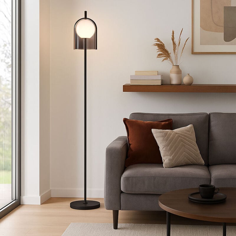 Lampadaire noir lampadaire verre lampadaire salon, métal, fumé, 1x E27, LxH 26 x 157 cm Wofi 11301