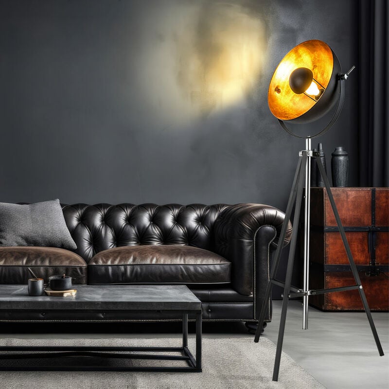 Lampadaire, noir, lampe de salon, moderne, lampe trépied, doré, lampadaire rétro à 4 pieds, réglable en hauteur, métal, 1x douille E27, DxH 78x180 cm