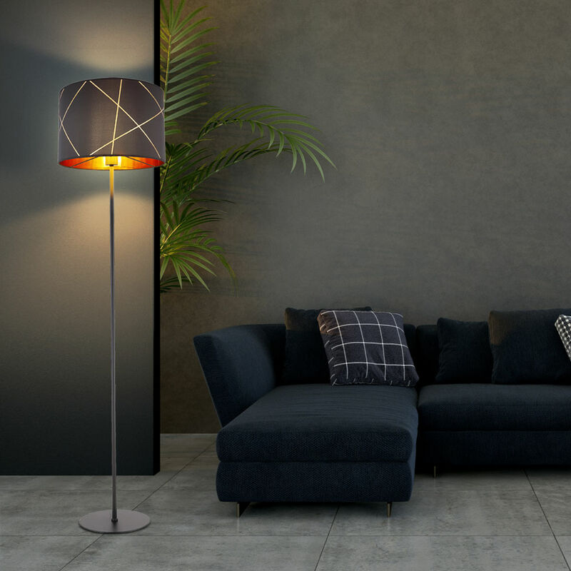 Lampadaire noir or lampadaire E27 lampadaire tissu salon, lignes décoratives dorées, 1x E27, DxH 38 x 151 cm
