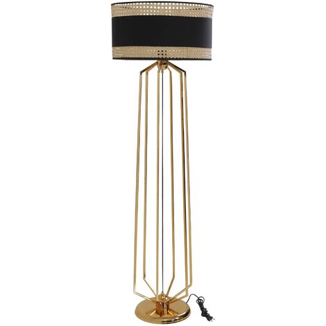 Lampadaire pied filaire Extrabus H153cm Rotin Beige et Noir et Métal Or