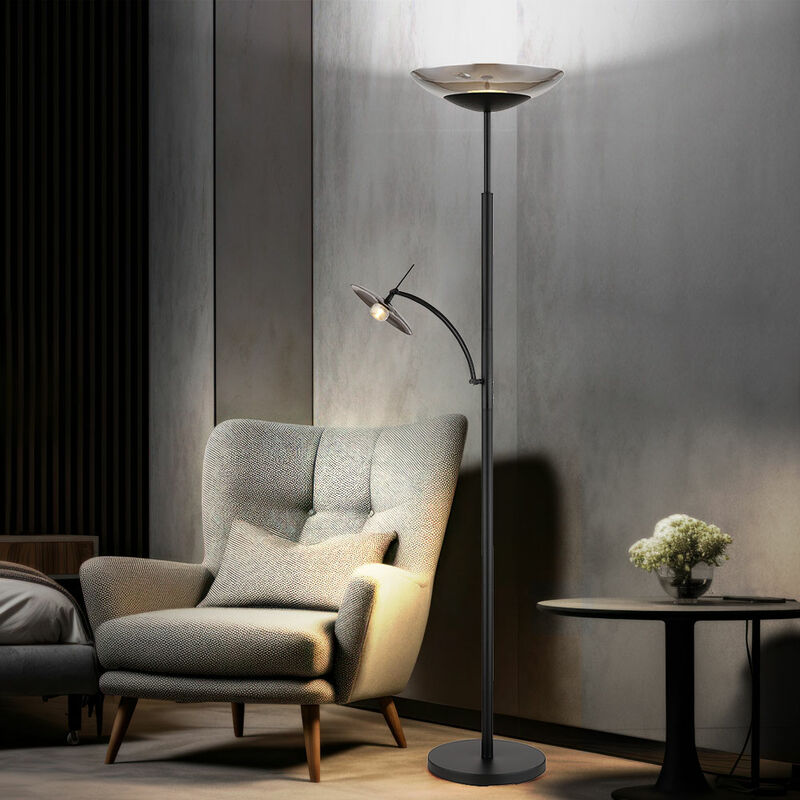 Lampadaire LED, projecteur de plafond, lampe de lecture, lampe de salon, chambre à coucher, métal noir verre fumé, variateur tactile, lampe de