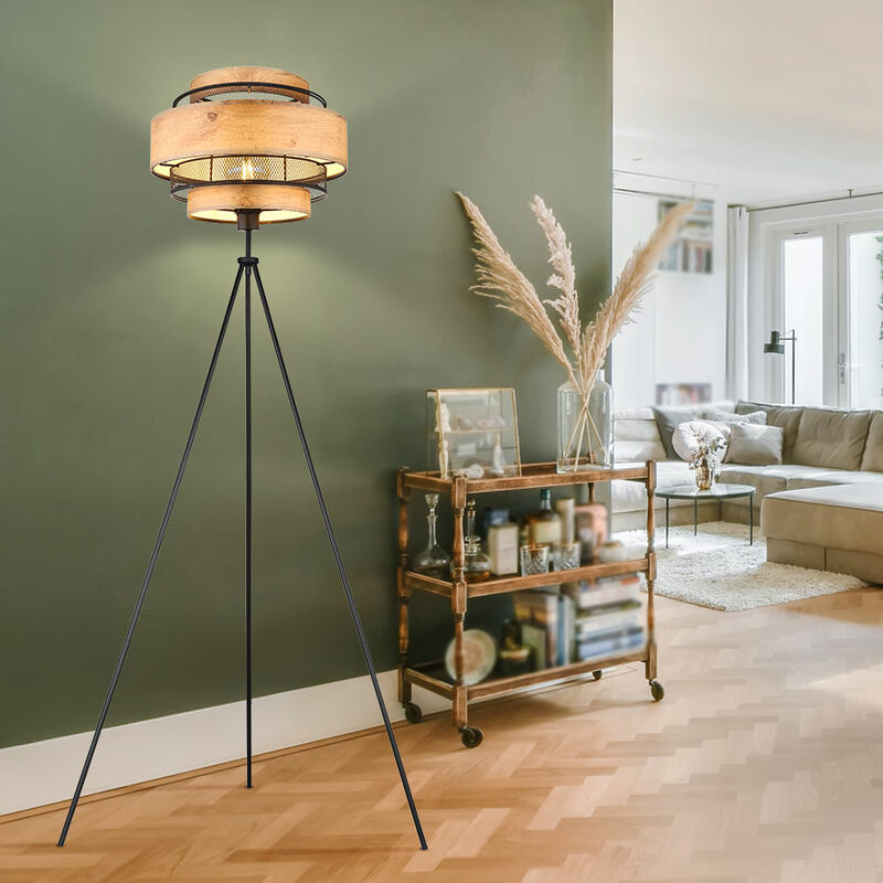 Globo Lighting - Lampadaire plafonnier projecteur bois salon lampe d'appoint chambre, trépied 3 pieds maille métallique noir, 3x E27, h 150cm