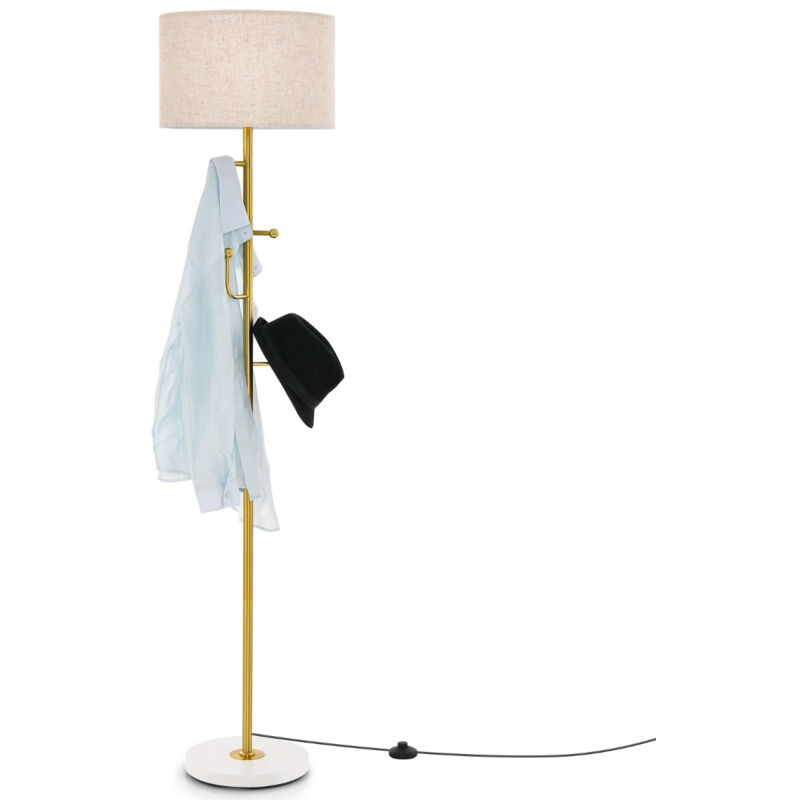 Lampadaire porte-manteau lampe sur pied avec 5 crochets pour vêtements interrupteur au pied base lestée robuste ampoule e27 requise doré