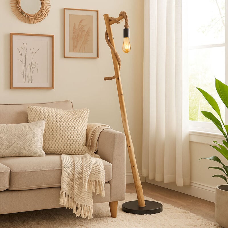 Lampadaire salle à manger lampadaire bois noir lampe en bois corde de chanvre aspect bois style campagnard, métal marron, 1x douille E27, LxlxH