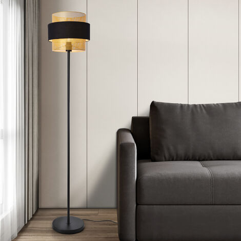 Lampadaire salon 160 x 30 cm noir doré – Structure métal et abat-jour textile – Douille E27 max 60W – Alimentation 230V – Lux.Pro
