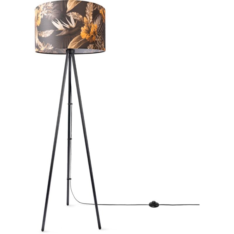 Paco Home Lampadaire Salon Déco Bureau Trépied Abat-Jour Rond Tissu Fleurs Jungle Design 6 (Ø45,5 cm), Lampadaire tripode - Noir