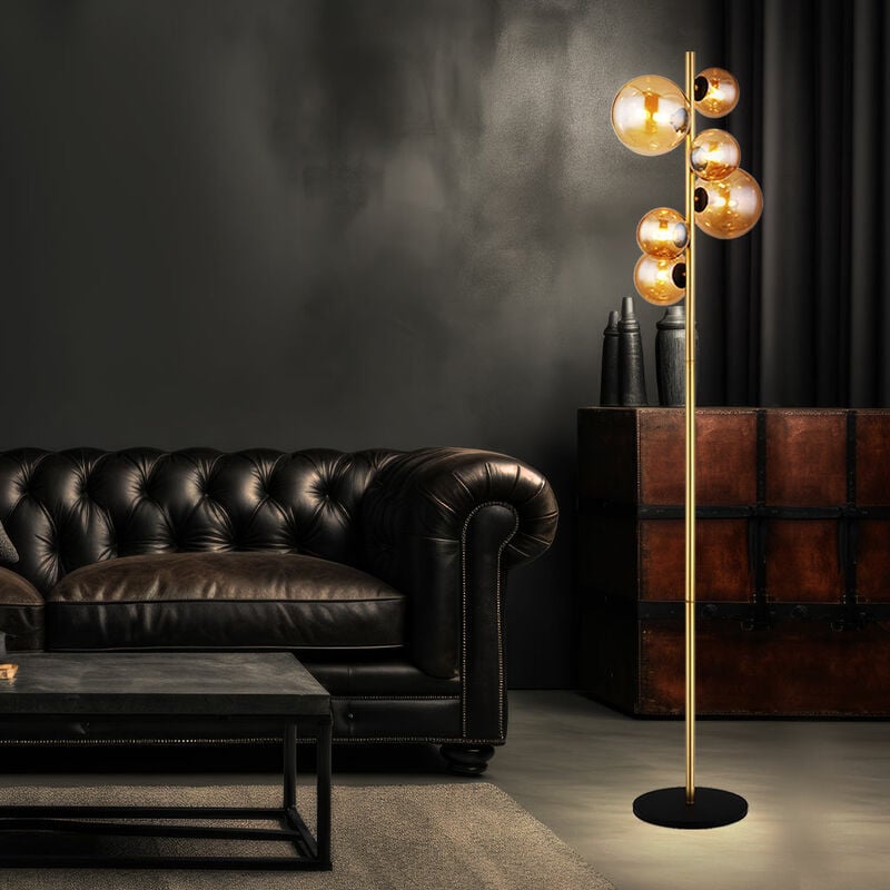 Lampadaire salon laiton Lampadaire industriel boule ambre led liseuse lampadaire, métal verre, 6x led 3.5W 350Lm blanc chaud, h 155 cm