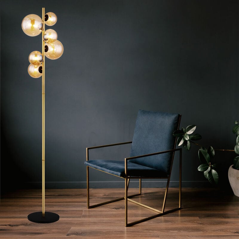 Lampadaire salon laiton Lampadaire industriel boule ambre led liseuse lampadaire, métal verre, 6x led 3.5W 350Lm blanc chaud, h 155 cm