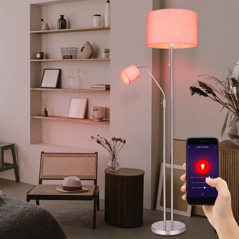Lampadaire Salon Plafonnier avec lampe de lecture Lampadaire Abat-jour en tissu Interrupteur à tirette, contrôle par application, Smart rgb led 1x