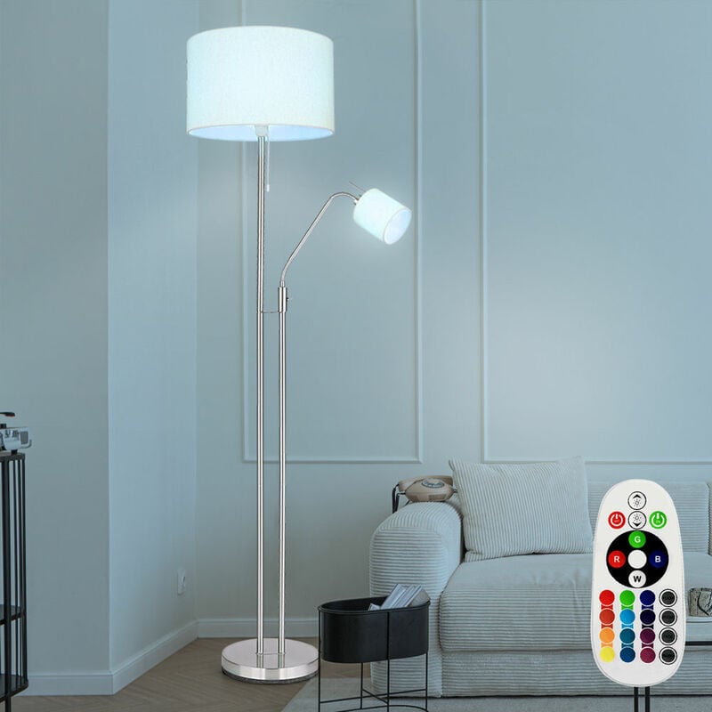 Lampadaire Salon Plafonnier avec lampe de lecture Lampadaire Abat-jour en tissu Interrupteur à tirette, télécommande dimmable Fonction mémoire, 2x