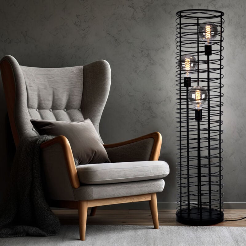 Lampadaire salon lampadaire grille tressé lampadaire noir, métal, interrupteur au pied, 3x douilles E27, DxH 30x129 cm