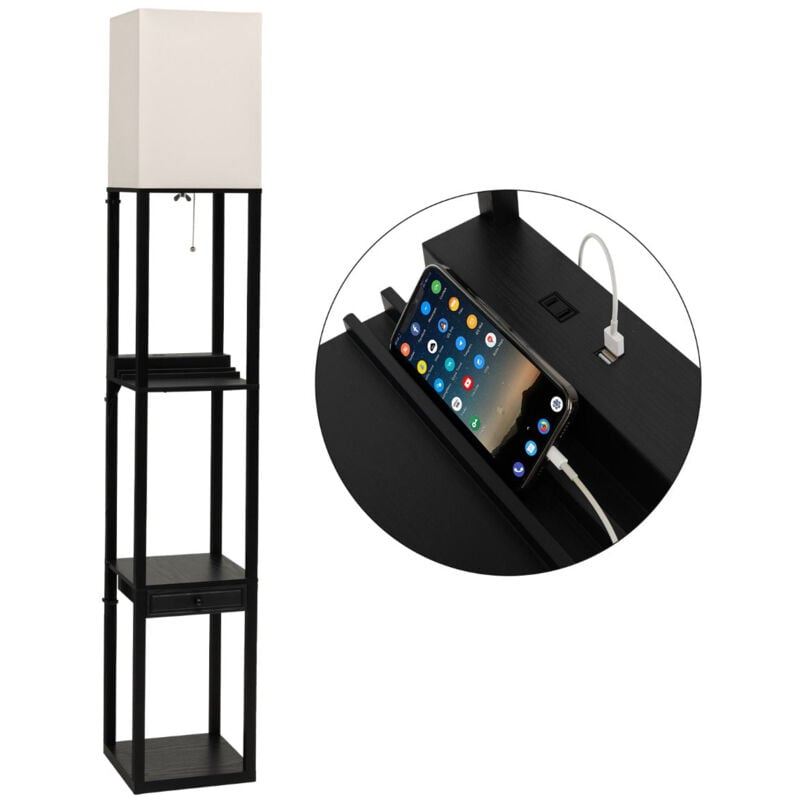 Lampadaire salon sur pied avec ampoule led 5000k luminosité à 3 niveaux 1 tiroir et 1 port usb 3 etagères 25 x 25 x 159,5 cm