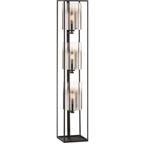 Lampadaire SAMU E27 3x40W métal sable noir, verre fumé L:24cm l:24cm H:130cm avec interrupteur au pied