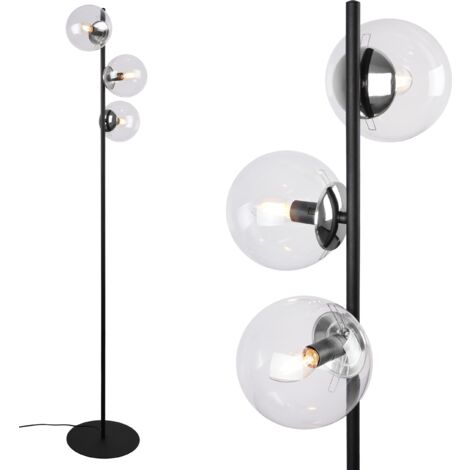 LAMPADAIRE SIENA NOIR-CHROME, 3 PLAQUES, ABAT-JOUR TRANSPARENTS
