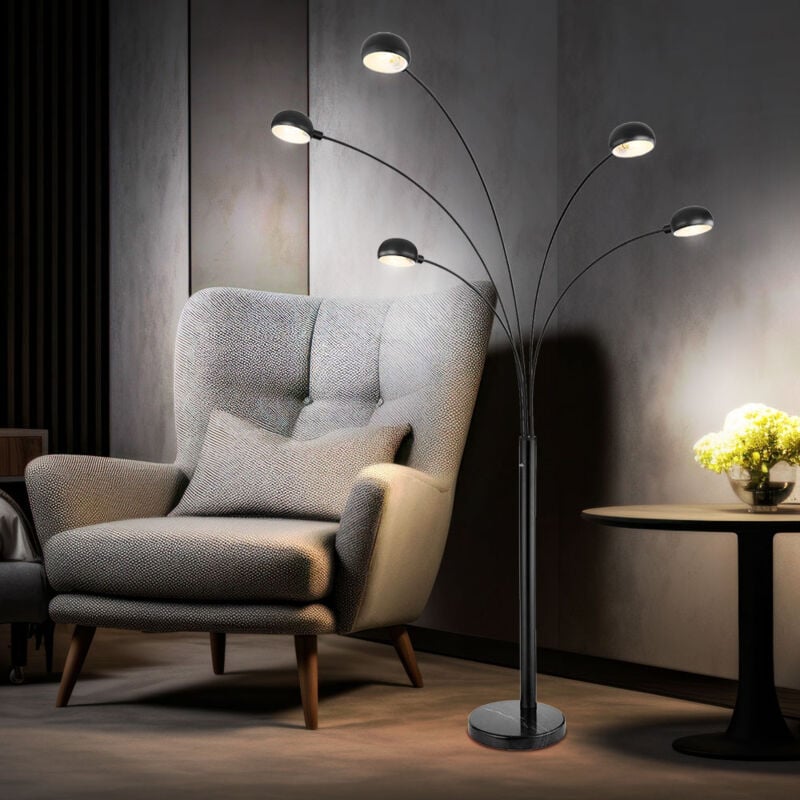 Lampadaire spot lampadaire salon moderne avec socle en marbre noir, métal, 5x E14, LxPxH 130x120x200cm