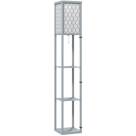 Lampadaire sur pied avec étagères 3 niveaux, interrupteur à tirette, 26 × 26 × 160 cm, gris et blanc