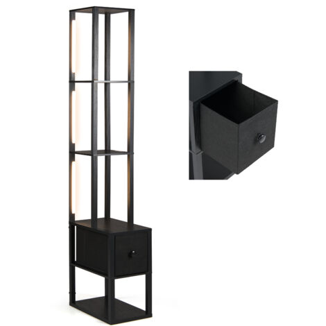 Lampadaire sur Pied avec Étagères et Tiroir, Lampadaire avec Table d'Appoint et Luminosité Réglable, Lampe d'Angle pour Salon, Chambre, Bureau