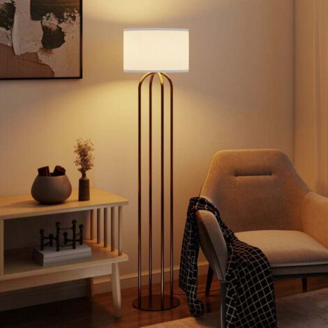 Lampadaire sur pied de salon, lampe sur pied avec abat-jour en lin et interrupteur à pied, Ø 38 x 161 cm, doré et beige