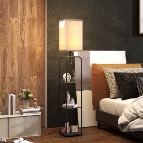 Lampadaire sur pied salon avec étagères, abat-jour en tissu, interrupteur à chaînette pour salon, chambre à coucher