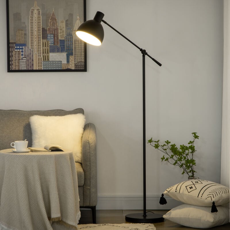 Lampadaire sur pied salon bureau 40W E27 - hauteur réglable, abat-jour et bras orientable - acier noir