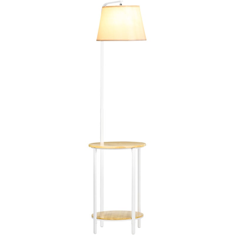 Lampadaire étagères design dim. ø 37 x 162H cm 40 w max. bois bambou verni métal abat-jour tissu blanc