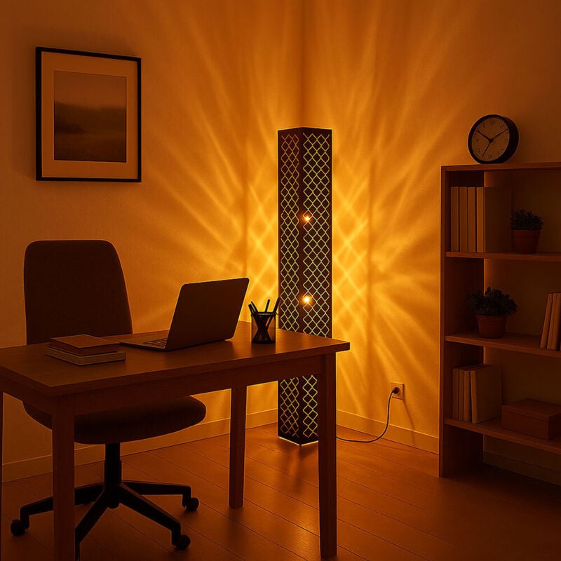 Lampadaire led tissu lampe de sol design noir salon avec abat-jour textile feuille d'or, métal argenté, 7W806lm blanc chaud, LxlxH 15x15x118 cm