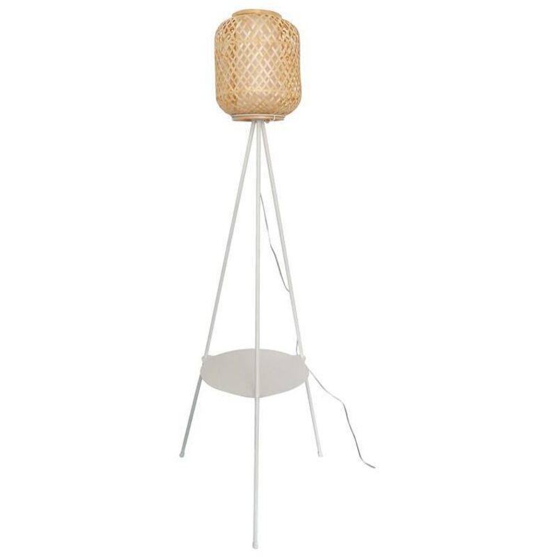 Lampadaire trépied blanc avec tablette et abat-jour en bambou