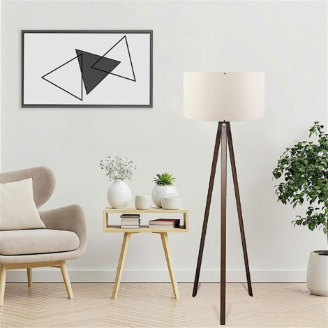 Lampadaire trépied effet bois brun, abat-jour écru KILIS