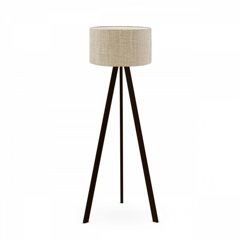 Lampadaire trépied effet bois noir, abat-jour beige chiné KILIS Lampadaire trépied effet bois noir, abat-jour beige chiné KILIS