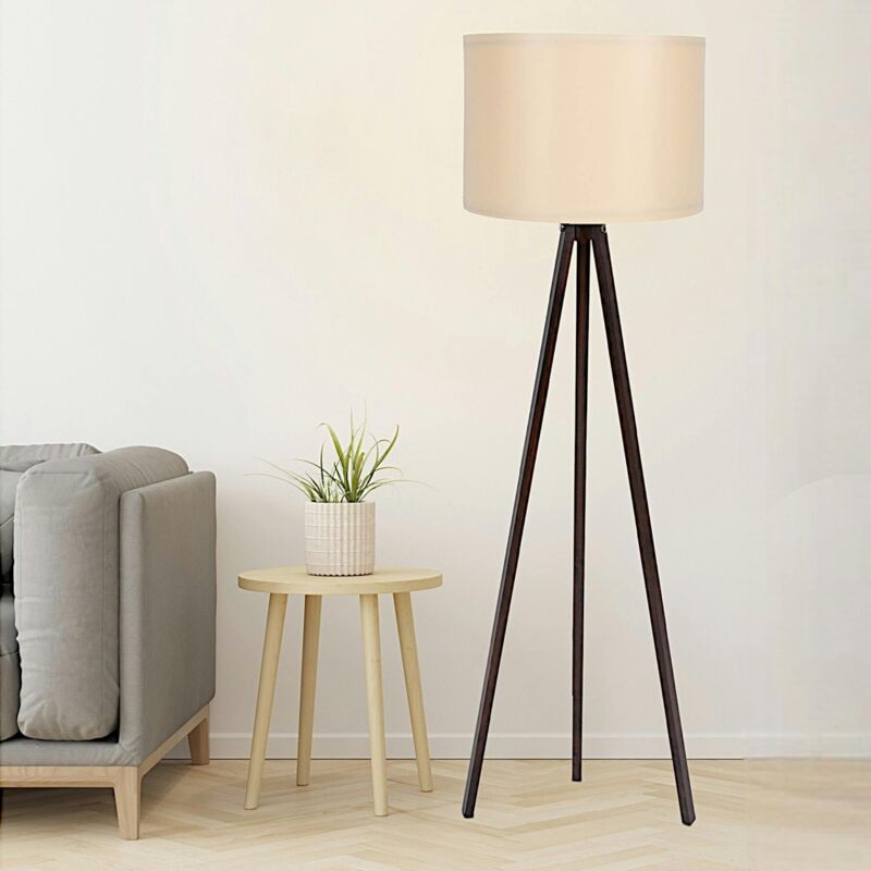Lampadaire trépied effet noyer et abat-jour beige KILIS